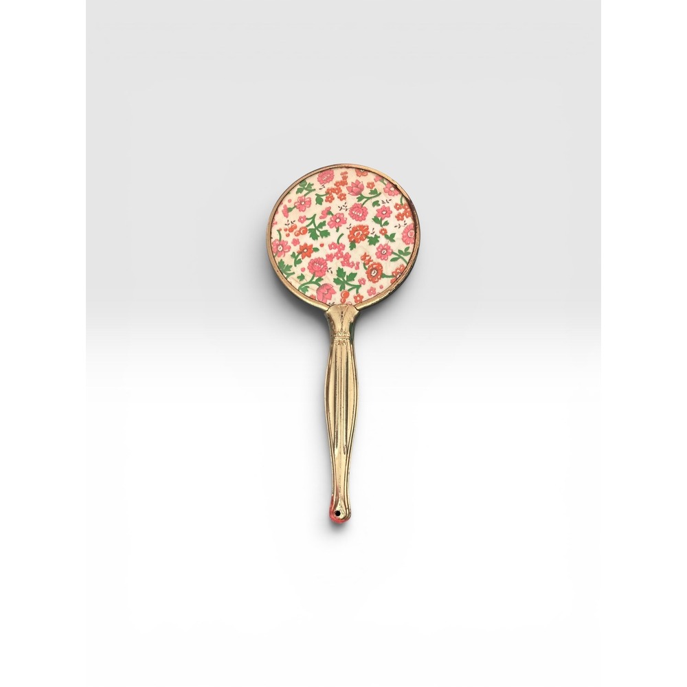 Vintage Floral Hand Mirror Gold Tone Metal Fluted Handle Round Vanity Mirror